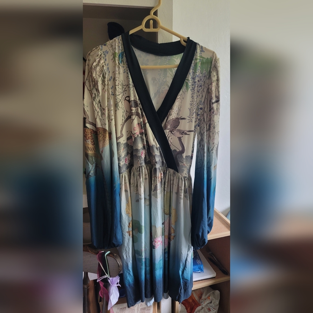 Bird and Floral Print Dress with Black Accents